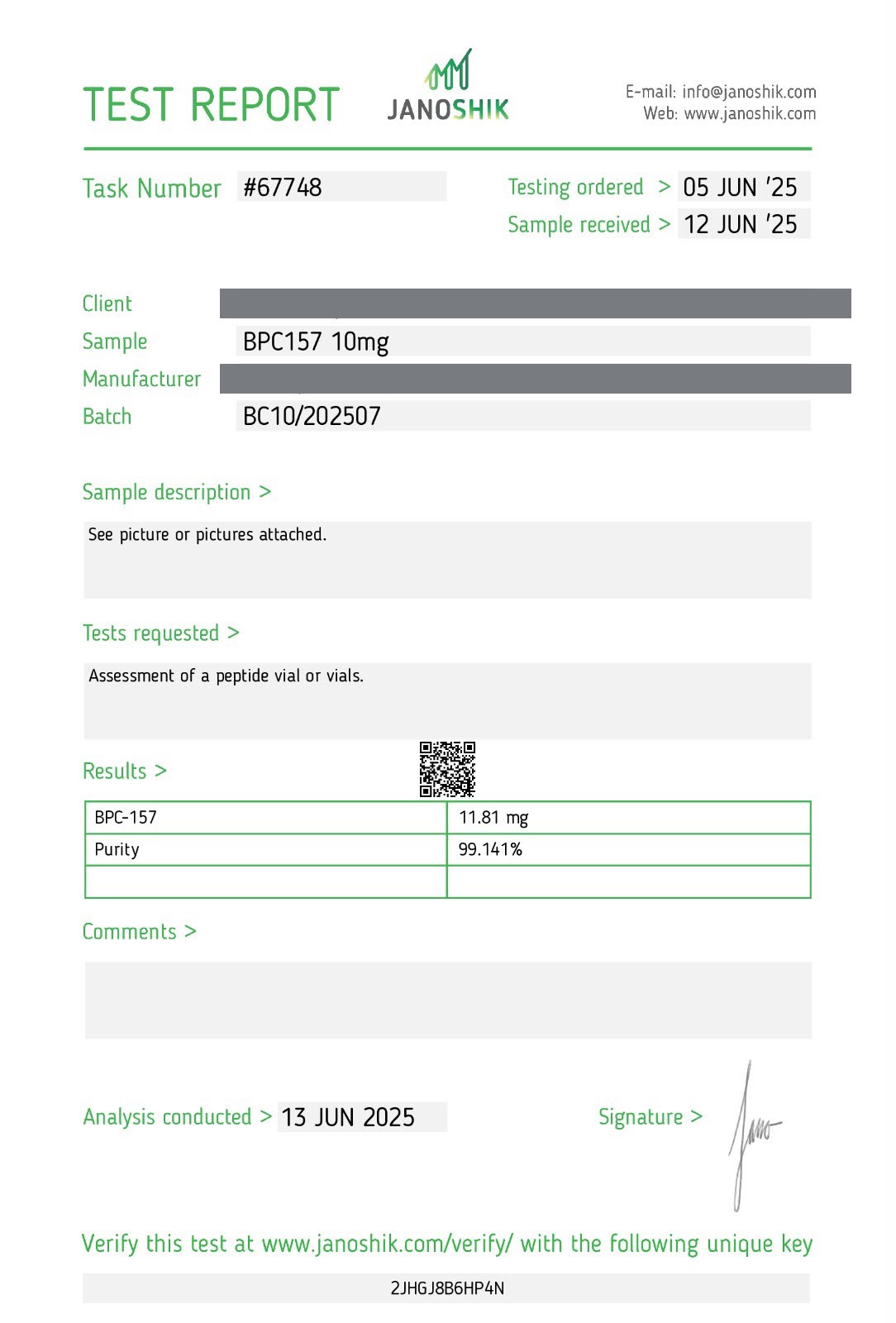 Certificado de análisis HPLC de BPC-157, lote BC10/202507