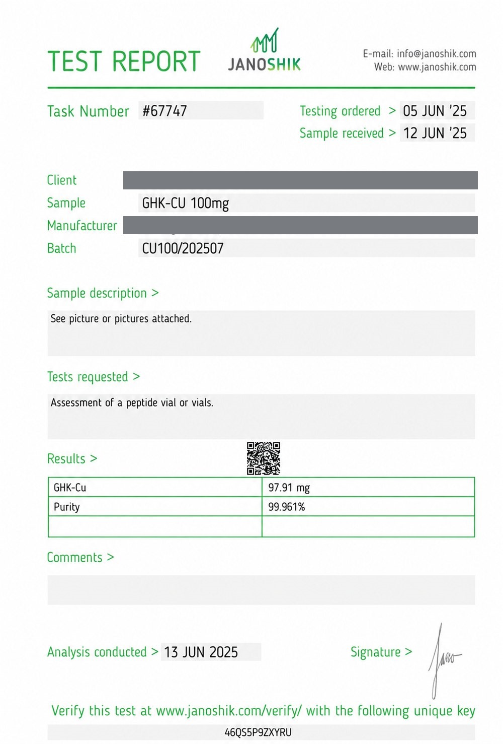 Certificado de análisis HPLC de GHK-Cu, lote CU100/202507