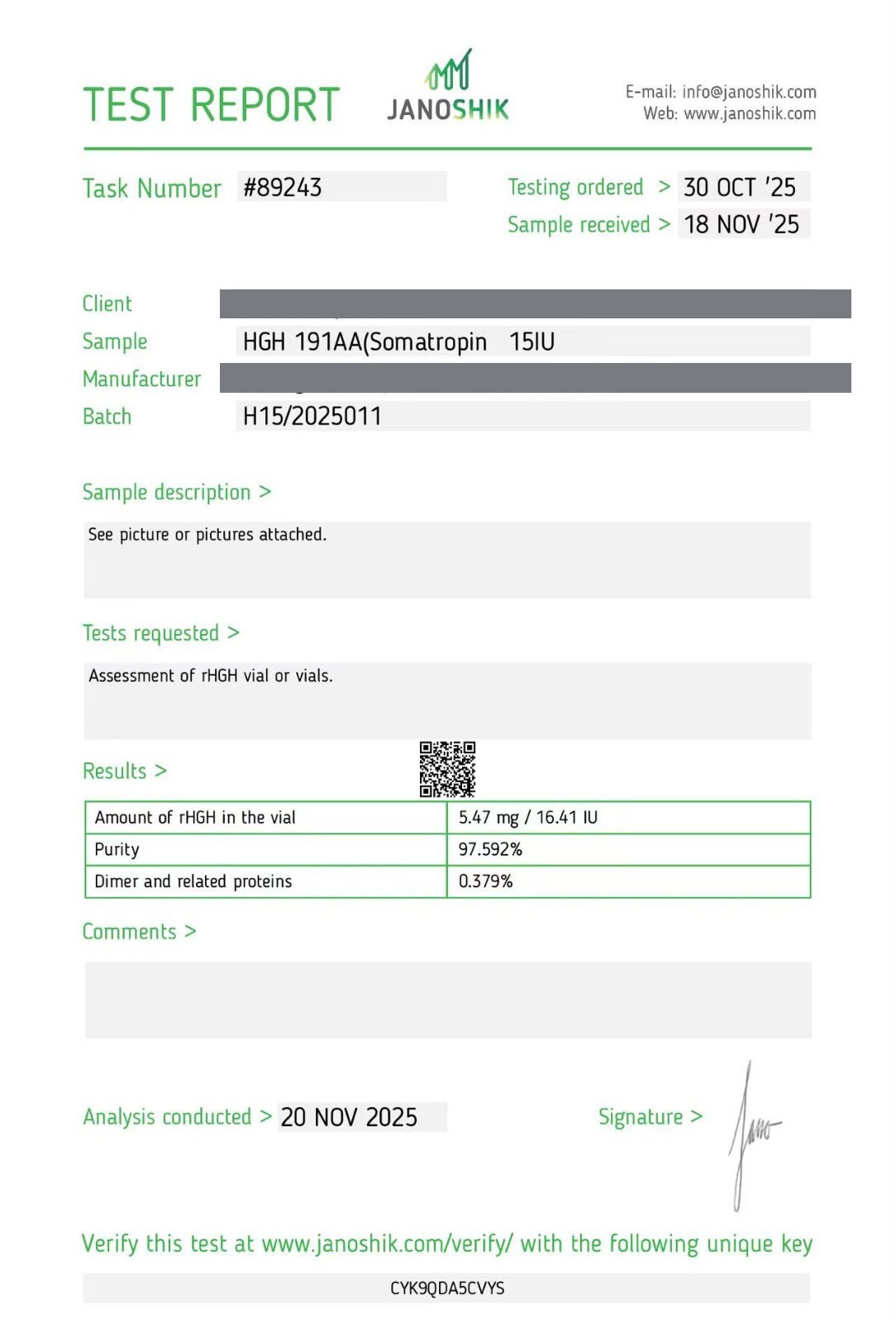 Certificado de análisis HPLC de HGH 191AA, lote H15/2025011