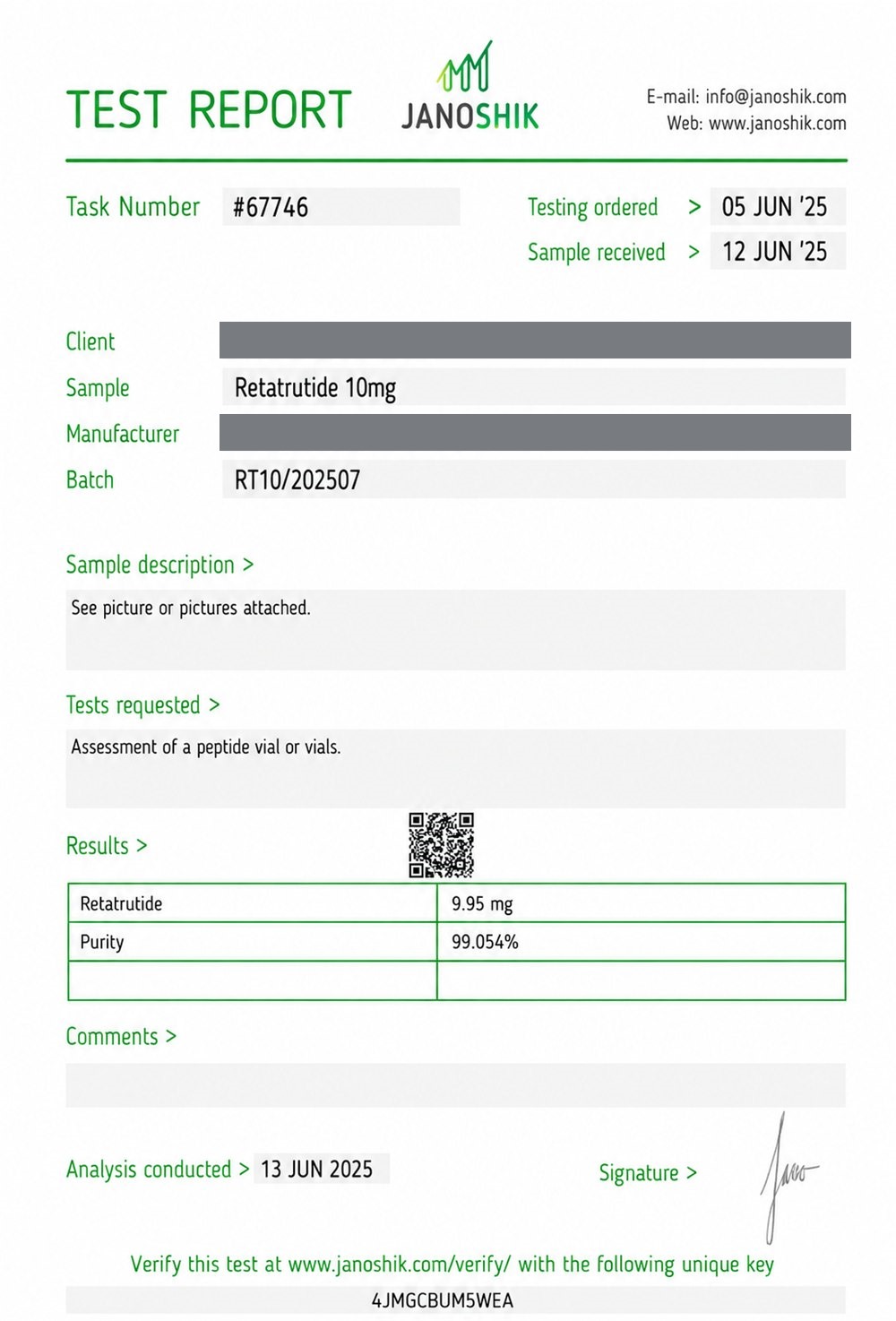 Certificado de análisis HPLC de Retatrutide, lote RT10/202507