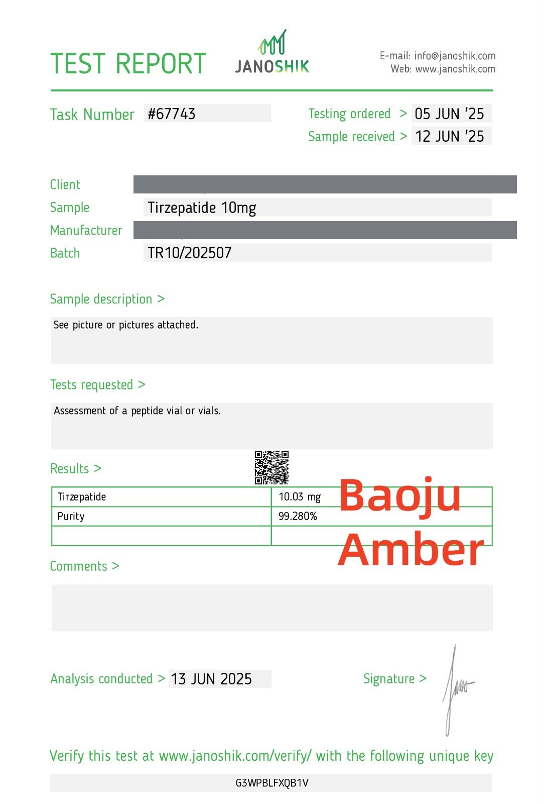 Certificado de análisis HPLC de Tirzepatide, lote TR10/202507
